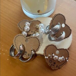 Elegant Silver and Pearl Hoop Earrings Set 4 pieces